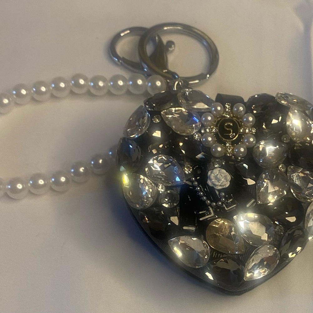 Heart Crystal Keychain/bag chain/ double sided mirror with Pearl Strap